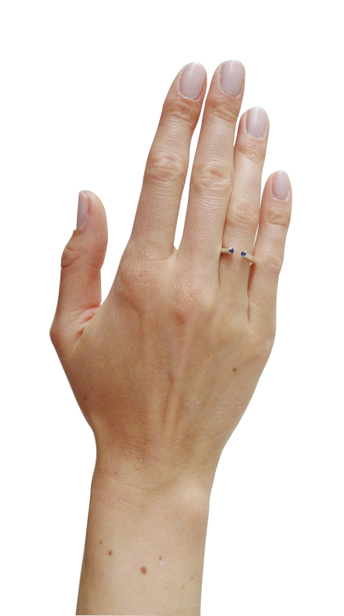 Verlovingsring open met twee edelstenen, bijzondere verlovingsring, design verlovingsring, minimalistische verlovingsring, edelstenen verlovingsring, verlovingsring saffier 